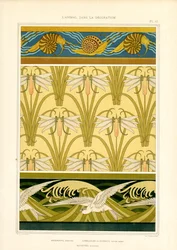 Randen en oppervlaktepatronen met zeedieren, libellen en zeemeeuwen (litho)