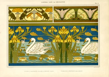 Decoratieve randen met zwanen, insecten en irissen (litho)