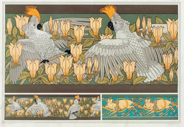 Ontwerp voor behangrand met kaketoe en magnolia, gepubliceerd in 1897