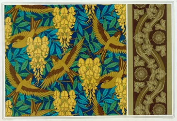 Ontwerpen voor vogels en Wisteria hangend en behangrand met hagedissen en klimop, pub. 1897
