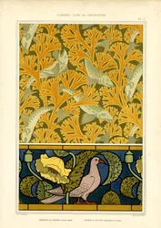 Motieven van vissen en duiven in decoratieve natuurcondensatie (litho)