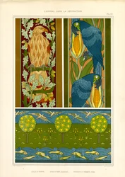 Sierranden met adelaar, papegaaien en landschapsfries (litho)