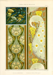 Ornamentale composities met zeedieren, krekels en pauw (litho)