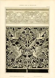 Ornamentale composities met papegaaien en krekels (litho)