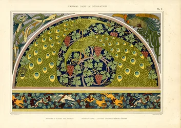 Motieven van pauw en haas als decoratieve Art Nouveau-compositie (litho)