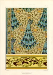 Pauwen en vissen in Art Nouveau ornament (litho)