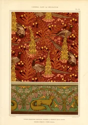 Oppervlaktepatroon met fazanten en wijnrand (litho)