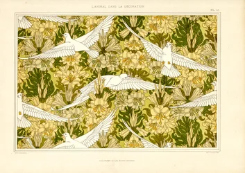 Textielpatroon met witte duiven en lelies (litho)