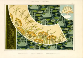 Waterwerelden met libellen, bloesems en zwanen (litho)