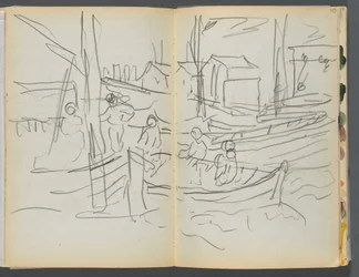 Schetsboek - The Granite Shore Hotel, Rockport, pagina 114 115: Figuren op een zeilboot