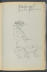 Schetsboek - The Granite Shore Hotel, Rockport, pagina 155: Zittende vrouw met aantekeningen