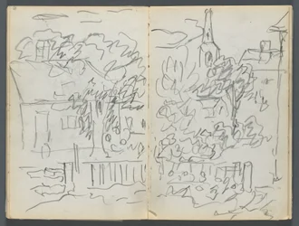 Schetsboek, The Dells, nr. 127, pagina 084  85: Landschap met huizen en torenspits