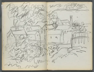 Schetsboek, De Dells, nr. 127, pagina 096  97: Landschap met huizen
