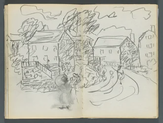 Schetsboek, The Dells, nr. 127, pagina 102  103: Landschap met huizen en weg