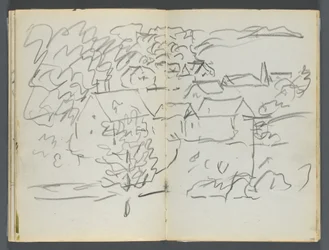 Schetsboek, De Dells, nr. 127, pagina 108  109: Landschap met huizen