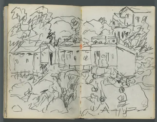 Schetsboek, The Dells, nr. 127, pagina 146  147: Landschap met figuren en gebouwen