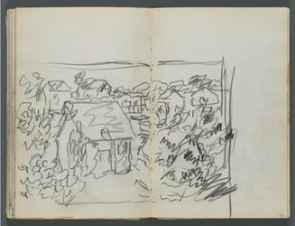 Schetsboek, De Dells, nr. 127, pagina 154  155: Landschap met huizen