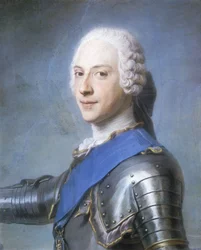 Portret van Prins Charles Edward Stuart, buste lengte, in profiel naar links, zijn hoofd naar voren gedraaid, zijn rechterarm opgeheven