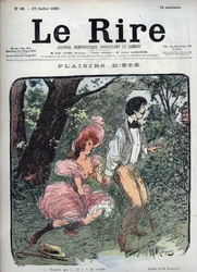 Zomerplezier - Twee geliefden worden verrast in een bos door een voorbijganger - Illustratie door Maurice Radiguet (1866-1941) voor het Franse tijdschrift Le Rire nummer 38 van 1895