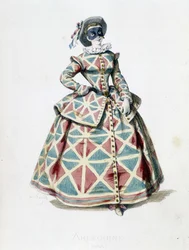 Harlekijn kostuum en masker in 1855, vrouwelijke personage van Harlekijn in de commedia dell