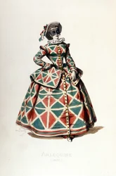 Harlekijnkostuum en masker in 1855, vrouwelijk personage van Harlekijn in de commedia dell