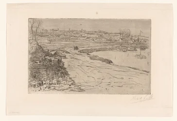 Landschap met huizen en water met aangemeerde zeilboten