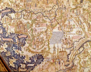 Gezicht op China (Cambaluc, nu Peking), detail van de wereldkaart van broeder Mauro Camaldolese, 1459
