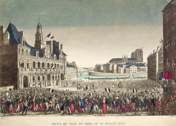 De aankomst van de hertog van Orleans bij het stadhuis, 31 juli 1830, gegraveerd door Cropin