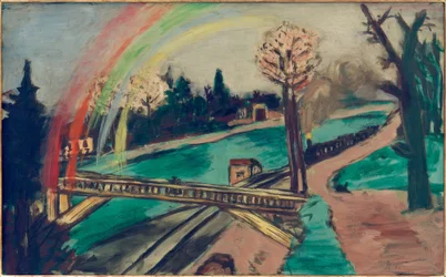 Spoorweglandschap met regenboog