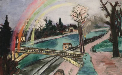 Spoorbrug en regenboog