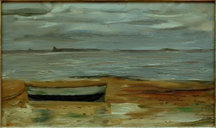 Strand met Grijze Boot en Grijze Zee