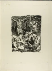 Dobbelstenen gooien voor het kruis, plaat zes uit Sechs Lithographien zum Neuen Testament