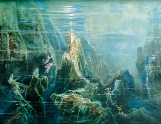 Duitsland, Bayreuth, Decorontwerp voor uitvoering De Ring des Nibelungen - Het Rijngoud door Richard Wagner, de Rijndochters
