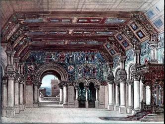 Decor voor Richard Wagners opera Tannhauser. Scenografie van Bruckner 1891. Bayreuth, Wagner Museum