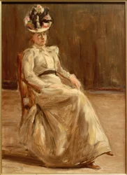 Portret van een zittende dame in vol figuur