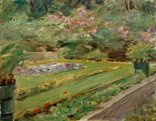 De bloementerras in de Wannseetuin naar het noordwesten