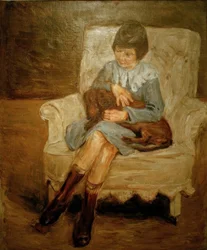 De kleindochter van Liebermann met teckel op schoot