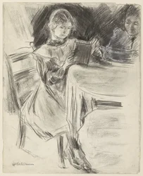 Dochtertje en vrouw van Max Liebermann, lezend aan een ronde tafel