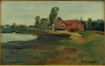 Dorpsstraat in Militsch (Landschap met vijver)