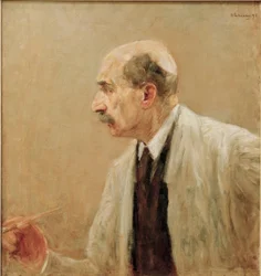 Zelfportret in schildersjas, profiel naar links