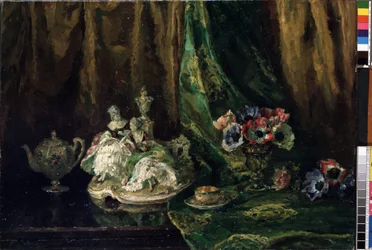 Stilleven met porselein en bloemen