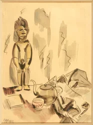 Stilleven met theepot, pijp en Afrikaans beeldje