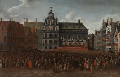 De proclamatie van de Vrede van Münster op de Grote Markt in Antwerpen