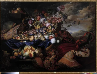 Fruitmand, bloemen en luit op tapijt
