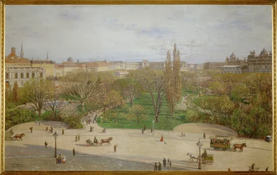 Stadhuispark gezien tegen het Nieuwe Keizerlijk Paleis, Wenen