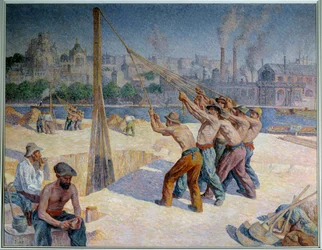 Stokdrummers op de Quai de la Seine in Billancourt. Schilderij door Maximilien Luce