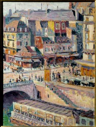 De Saint Michel Brug en de Kade van de goudsmid. Olieverf op papier maroufle op isorel. Schilderij door Maximilian Luce (1858-1941)