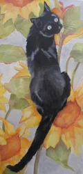 Zwarte kat tussen zonnebloemen