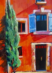Rood huis met blauwe luiken