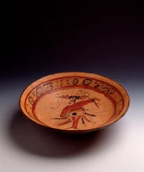Precolumbiaanse kunst, Maya-beschaving, klassieke periode: tripode vaas in beschilderde klei. Uit Peten, Guatemala